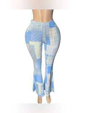 High-Waist Patchwork Print Flare Pants - Light Blue